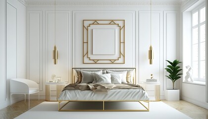 Mock up of a modern classic minimalistic luxury bedroom with a double bed with a comforter and pillows, a mirror, and decorations. idea for an interior design concept.