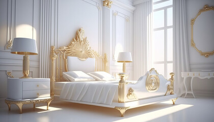 Mock up of a modern classic minimalistic luxury bedroom with a double bed with a comforter and pillows, a mirror, and decorations. idea for an interior design concept.