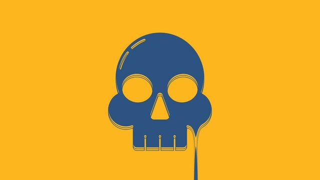 Blue Skull icon isolated on orange background. Happy Halloween party. 4K Video motion graphic animation