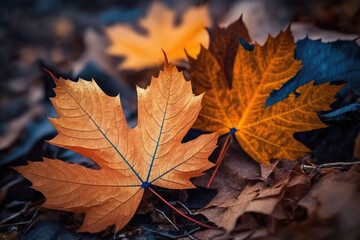 Naklejka na ściany i meble Autumn maple leaves laying on the forest ground