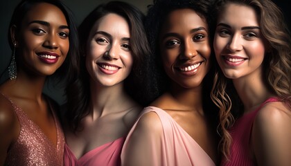 Fototapeta premium Group of Beautiful multiracial women friends posing in studio on colored background with colorful fashionable clothes style