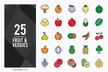 25 Fruit and Veggies Lineal Color icon pack. vector illustration.