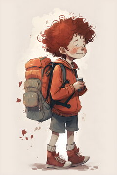 young redhead boy ready for school with backpack on isolated background, made with generative ai