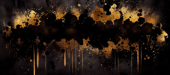Dark wall texture with golden paint, abstract grunge watercolor background, created with Generative AI technology