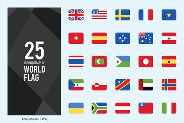 25 World Flags Rounded Square . icons Pack. vector illustration.