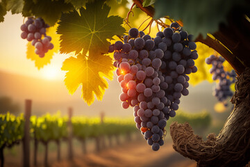 A bunch of grapes are hanging from a vine in a vineyard at sunset or dawn - Ai generative