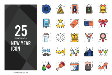 25 New Year Lineal Color icon pack. vector illustration.