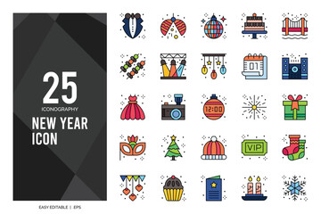 25 New Year Lineal Color icon pack. vector illustration.