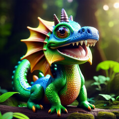 cute baby colorful dragon on forest background. Generative AI