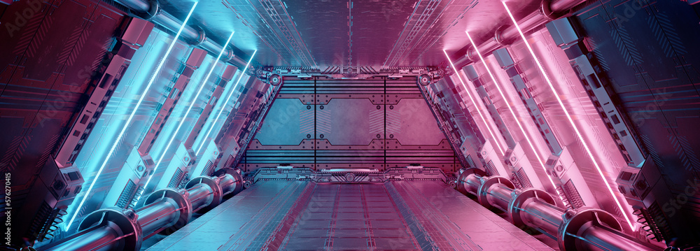 Aufkleber blue and pink spaceship interior with neon lights on panel walls. futuristic corridor in space stati