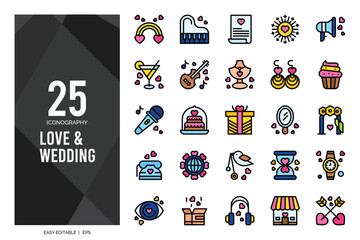 25 Love And Wedding Lineal Color icon pack. vector illustration.