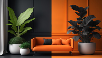 Modern Plush, luxurious interior living room. Ultra modern, minimalistic and contemporary. mockup decorated room with plants. 3d render. High quality 3d illustration