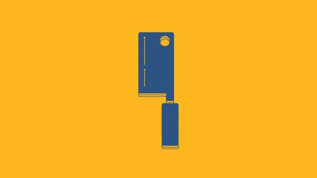 Blue Meat chopper icon isolated on orange background. Kitchen knife for meat. Butcher knife. Happy Halloween party. 4K Video motion graphic animation