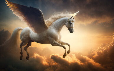 pegasus, a mythological animal, a horse with wings, gallops against the sky, generative ai