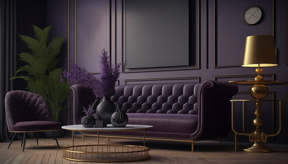 Modern Plush, luxurious interior living room. Ultra modern, minimalistic and contemporary. mockup decorated room with plants. 3d render. High quality 3d illustration