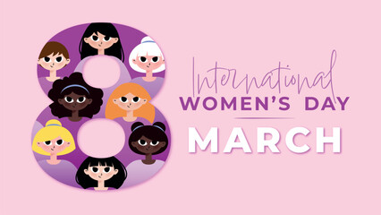 Banner about International Women's Day celebrated on March 8th. Vector illustration in flat style with women of different ethnicities and cultures, standing side by side together.