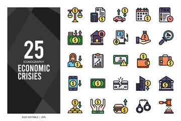 25 Economic Crisies Lineal Color icon pack. vector illustration.
