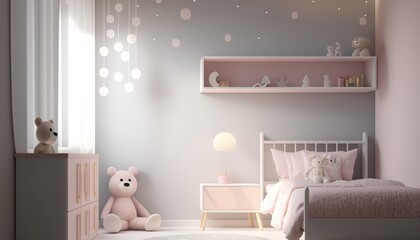 Mock up, children's bedroom room, interior classic style. Pink kids bedroom for girl.  on wall background. 3d rendering illustration.