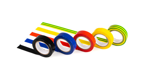 Electrical Tape Roll Lines Isolated, Plastic Duct Tape Rolls, Colored Adhesive Tapes on White Background