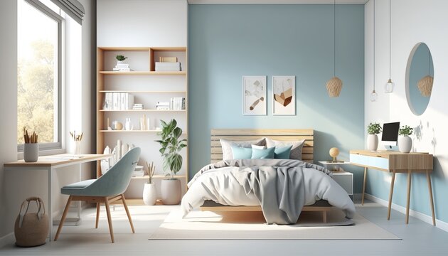 Interior mock up of a children's boys bedroom in a minimalistic design with a wooden bed and soft blue hues