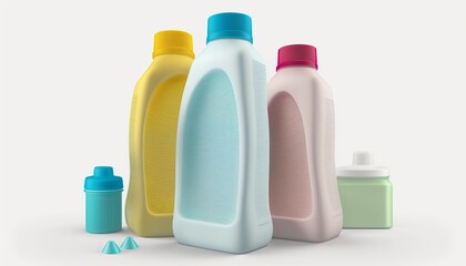 Set of detergent plastic bottles with chemical cleaning product on white background