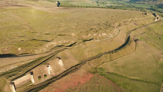 Aerial view of Rosedale Ironstone railway line and workings, which fell out of use about 100 years ago.