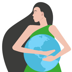 A girl with long hair holds planet Earth in her hands. The concept of protecting the planet, nature and ecology. Flat vector illustration