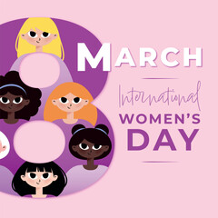 Social media post about International Women's Day celebrated on March 8th. Vector illustration in flat style with women of different ethnicities and cultures, standing side by side together.