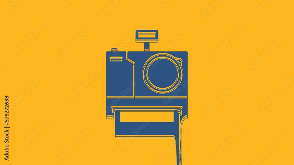 Poster blue photo camera icon isolated on orange background. foto camera icon. 4k video motion graphic anim