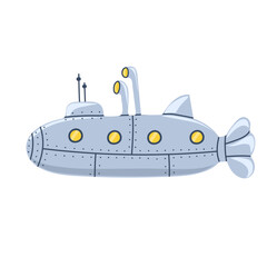 Hand drawn submarine with periscope. Underwater boat. Vector illustration