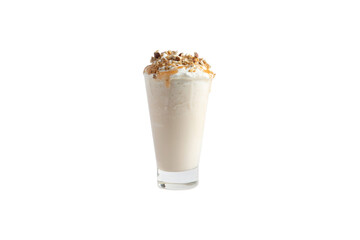 
Milkshake in a glass garnished with ground nuts. Transparent.