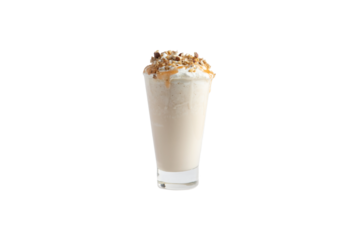 
Milkshake in a glass garnished with ground nuts. Transparent.