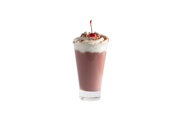 Milkshake in a glass garnished with a cherry. Transparent.