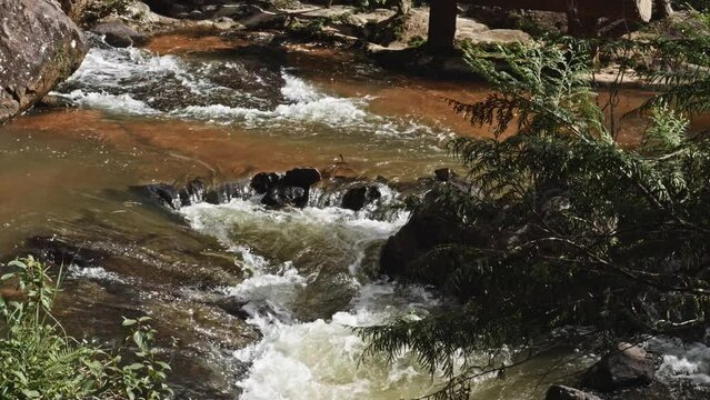 Powerful River Stream Flowing Over The Gorge At Datanla Waterfall In Da Lat, Vietnam. Slow Motion