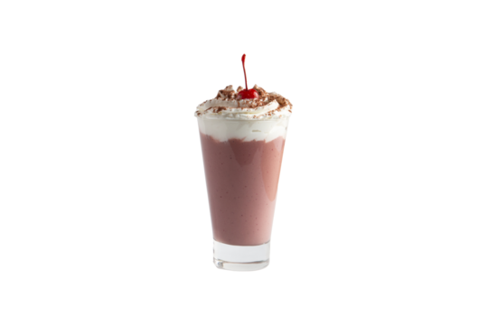 Milkshake in a glass garnished with a cherry. Transparent.