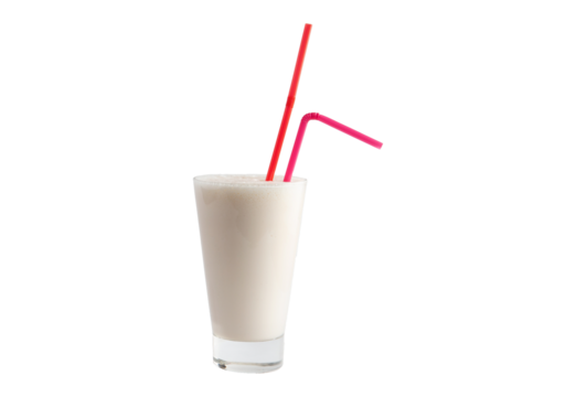 Milkshake in a glass and red tubules. Transparent.