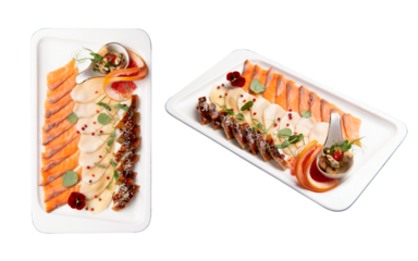 Assorted fish delicacies in a plate. Transparent.