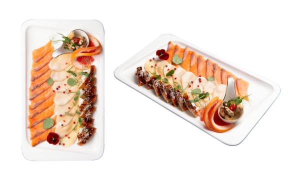 Assorted fish delicacies in a plate. Transparent.