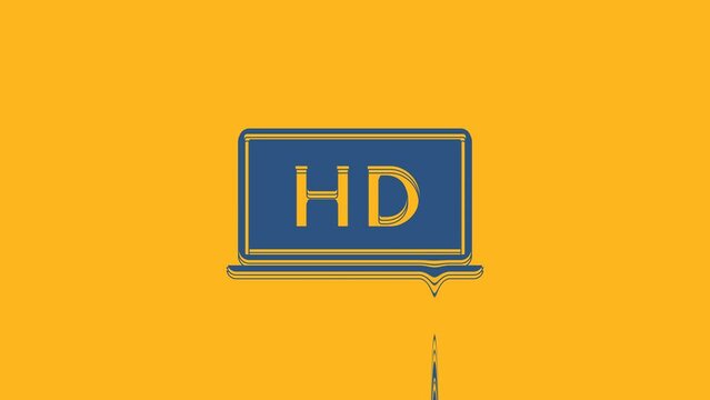 Blue Laptop screen with HD video technology icon isolated on orange background. 4K Video motion graphic animation