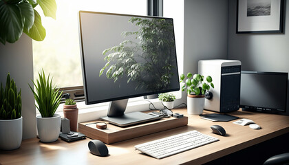 An accountant's desk,  with a computer monitor, a keyboard, and a mouse on a sleek and modern desk Generative AI