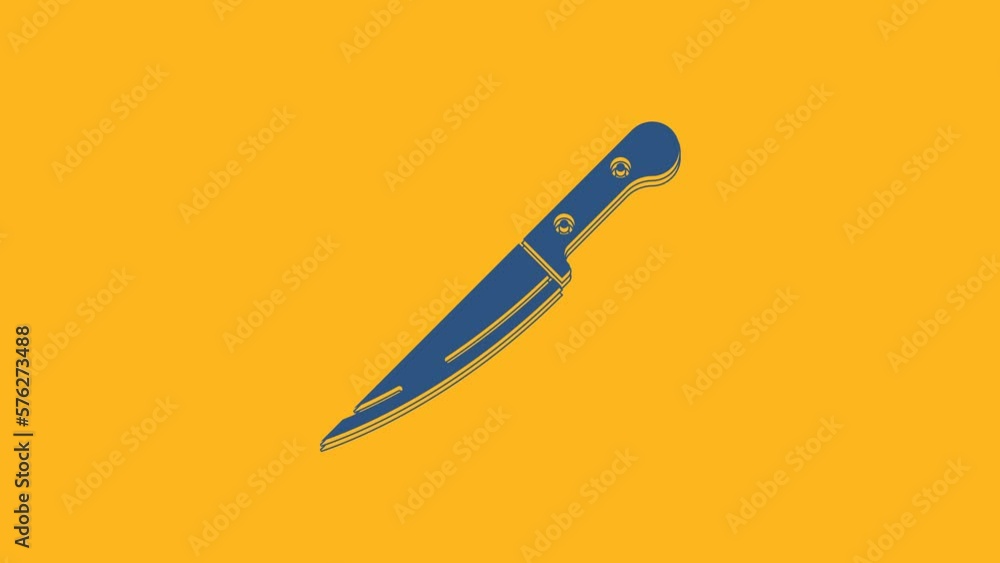 Sticker Blue Knife icon isolated on orange background. Cutlery symbol. 4K Video motion graphic animation