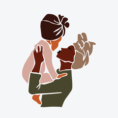 Modern black mother carrying daughter in elegant line art style vector