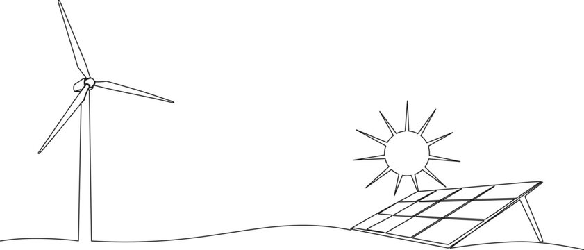 continuous single line drawing of solar energy and wind power concept, line art vector illustration