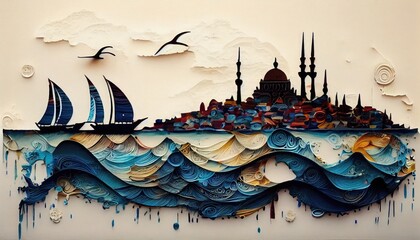 paper quilling illustration of Istanbul from the sea, created with Generative AI technology