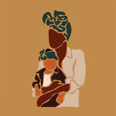 Young black mother carrying daughter in line art style vector