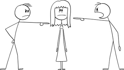 Men Accusing or Blaming Woman or Girl , Vector Cartoon Stick Figure Illustration