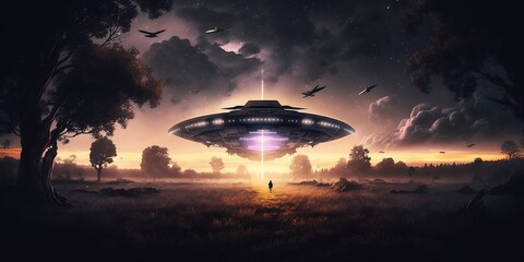 Fototapeta na wymiar Flying saucer flies at night in sky oversilhouette of man standing in field. Alien abduction. Created with Generative AI
