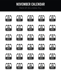 25 November Calendar Lineal Fill icons Pack vector illustration.