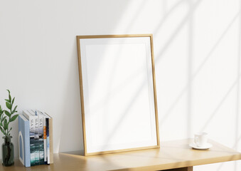 Mockup of a white photo frame in the living room, with clipping path. 3d rendering