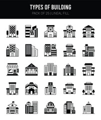 Naklejka premium 25 Types of Building Lineal Fill icons Pack vector illustration.